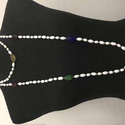 Beautiful vintage, white milk, glass bead, multicolored glass bead, long layering necklace very nice excellent condition