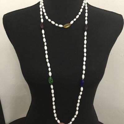 Beautiful vintage, white milk, glass bead, multicolored glass bead, long layering necklace very nice excellent condition