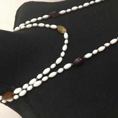 Beautiful vintage, white milk, glass bead, multicolored glass bead, long layering necklace very nice excellent condition