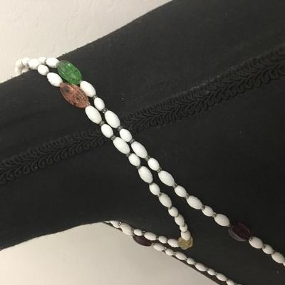 Beautiful vintage, white milk, glass bead, multicolored glass bead, long layering necklace very nice excellent condition