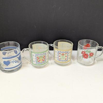 Vintage Clear Glass Blue Heart Mug & Luminarc Glasses