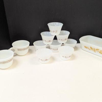 Sears Golden Wheat Pattern Bread Bowl - 2 Woodland Coffee Mugs - 8 Daisy Custard Cups