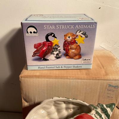 707 Lot of Ceramic Christmas Pitchers, Salt and Pepper, Covered Dish
