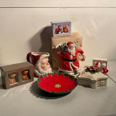 707 Lot of Ceramic Christmas Pitchers, Salt and Pepper, Covered Dish