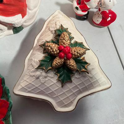 707 Lot of Ceramic Christmas Pitchers, Salt and Pepper, Covered Dish