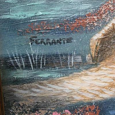 *LOCAL ONLY* - Vintage Ferrante Landscape Painting Framed Cottage Bridge 51x42 Wall Art