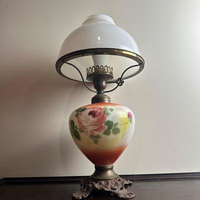 Hand-Painted Glass Banquet Lamp with Milk Glass Shade