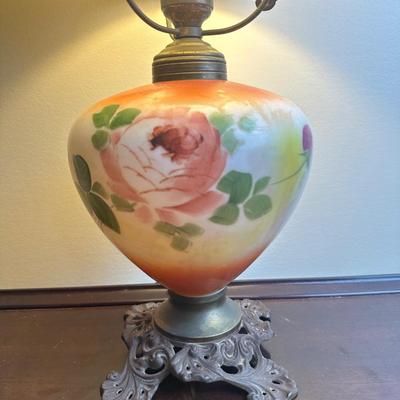 Hand-Painted Glass Banquet Lamp with Milk Glass Shade