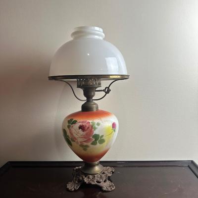 Hand-Painted Glass Banquet Lamp with Milk Glass Shade