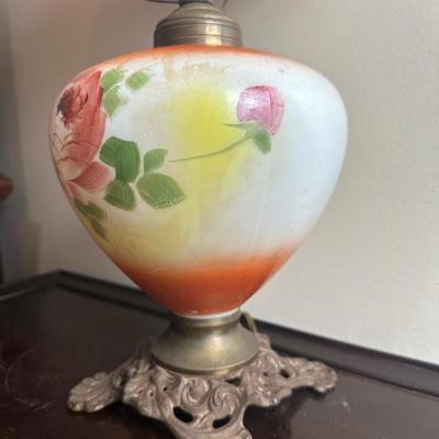 Hand-Painted Glass Banquet Lamp with Milk Glass Shade