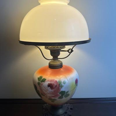 Hand-Painted Glass Banquet Lamp with Milk Glass Shade