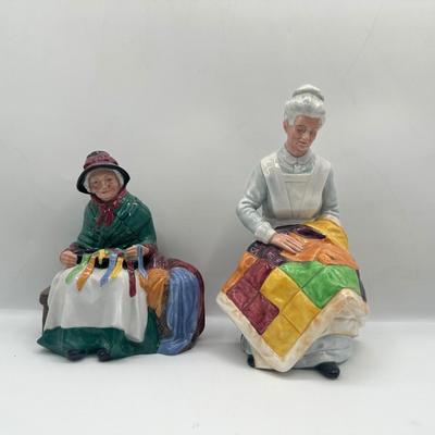 Pair of Royal Doulton Figurines – Seated Woman Sewing & Woman with Patchwork Quilt