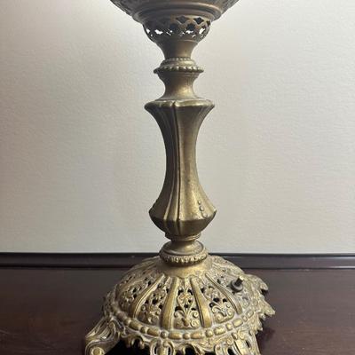 American Made Ornate Brass-Tone Table Lamp with Etched Glass Globe