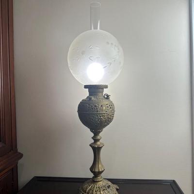 American Made Ornate Brass-Tone Table Lamp with Etched Glass Globe