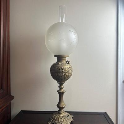 American Made Ornate Brass-Tone Table Lamp with Etched Glass Globe