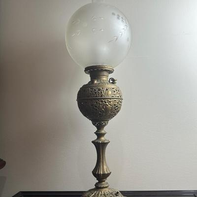 American Made Ornate Brass-Tone Table Lamp with Etched Glass Globe
