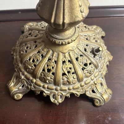 American Made Ornate Brass-Tone Table Lamp with Etched Glass Globe