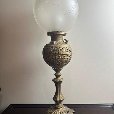 American Made Ornate Brass-Tone Table Lamp with Etched Glass Globe