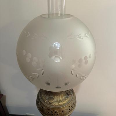 American Made Ornate Brass-Tone Table Lamp with Etched Glass Globe