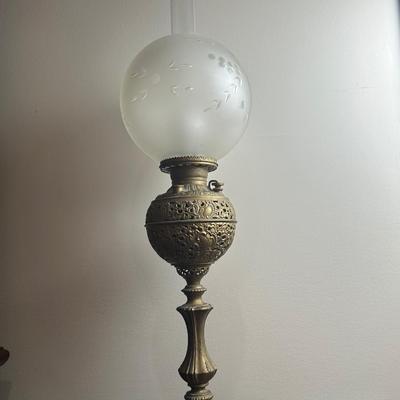 American Made Ornate Brass-Tone Table Lamp with Etched Glass Globe