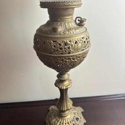 American Made Ornate Brass-Tone Table Lamp with Etched Glass Globe