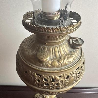 American Made Ornate Brass-Tone Table Lamp with Etched Glass Globe