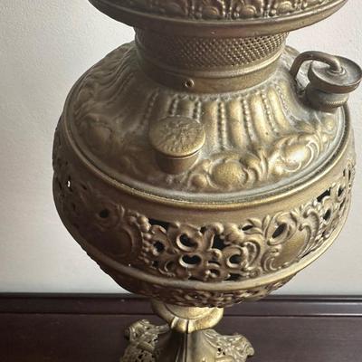 American Made Ornate Brass-Tone Table Lamp with Etched Glass Globe