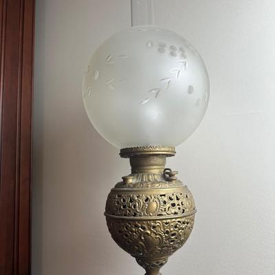 American Made Ornate Brass-Tone Table Lamp with Etched Glass Globe