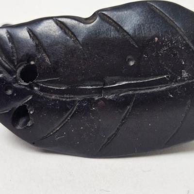 CKEG01. Vintage Carved Japanese Netsuke Bead, Ebonwood, Frogs on Leaf