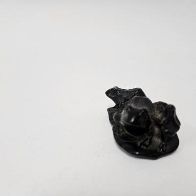 CKEG01. Vintage Carved Japanese Netsuke Bead, Ebonwood, Frogs on Leaf
