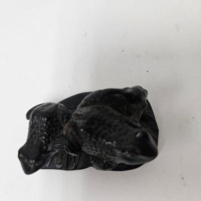 CKEG01. Vintage Carved Japanese Netsuke Bead, Ebonwood, Frogs on Leaf