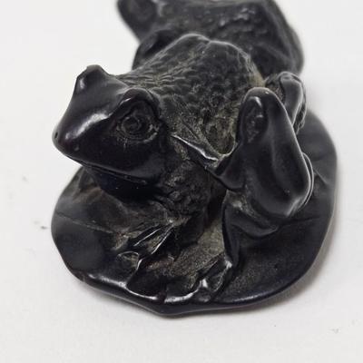 CKEG01. Vintage Carved Japanese Netsuke Bead, Ebonwood, Frogs on Leaf