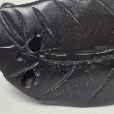 CKEG01. Vintage Carved Japanese Netsuke Bead, Ebonwood, Frogs on Leaf