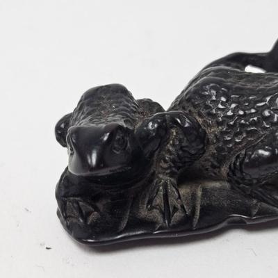 CKEG01. Vintage Carved Japanese Netsuke Bead, Ebonwood, Frogs on Leaf