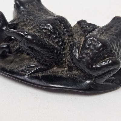 CKEG01. Vintage Carved Japanese Netsuke Bead, Ebonwood, Frogs on Leaf