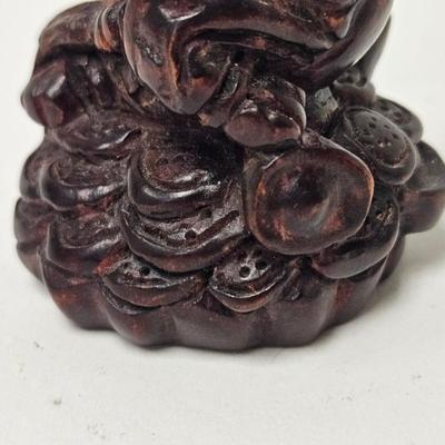 CKEG02. Vintage Carved Japanese Netsuke Bead, Luck Frog Wood, Signed