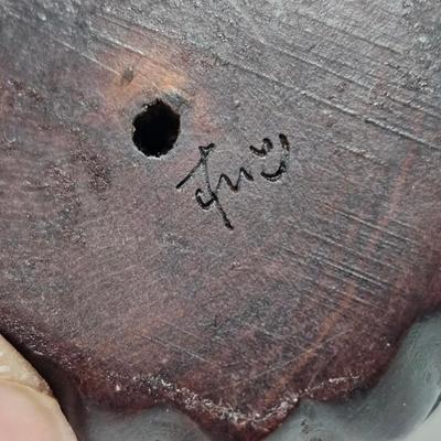 CKEG02. Vintage Carved Japanese Netsuke Bead, Luck Frog Wood, Signed