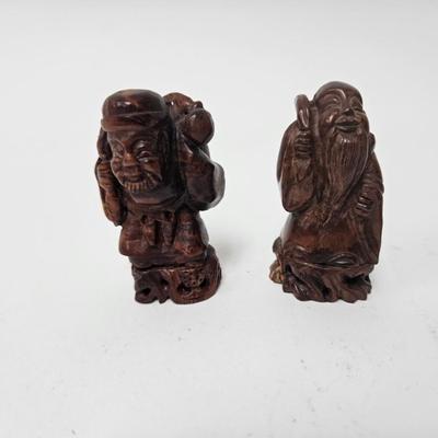 CKEG03. Vintage Carved Japanese Netsuke Bead, 2 Wooden Old Men
