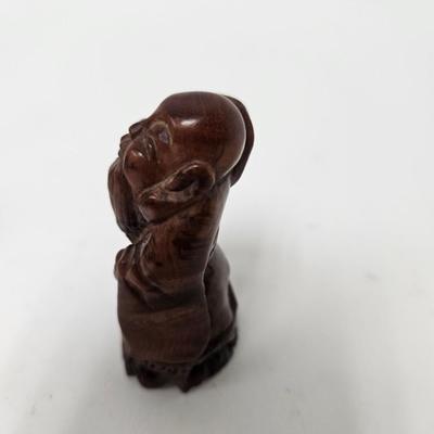 CKEG03. Vintage Carved Japanese Netsuke Bead, 2 Wooden Old Men