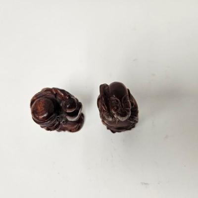 CKEG03. Vintage Carved Japanese Netsuke Bead, 2 Wooden Old Men