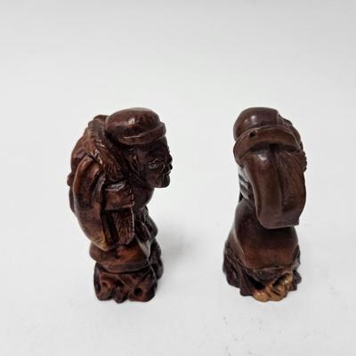 CKEG03. Vintage Carved Japanese Netsuke Bead, 2 Wooden Old Men