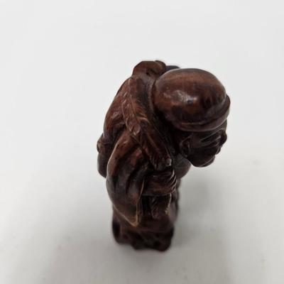 CKEG03. Vintage Carved Japanese Netsuke Bead, 2 Wooden Old Men
