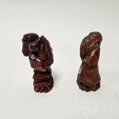 CKEG03. Vintage Carved Japanese Netsuke Bead, 2 Wooden Old Men