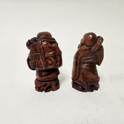 CKEG03. Vintage Carved Japanese Netsuke Bead, 2 Wooden Old Men