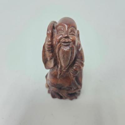 CKEG03. Vintage Carved Japanese Netsuke Bead, 2 Wooden Old Men