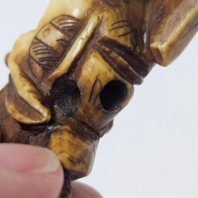 CKEG04. Vintage Carved Japanese Netsuke Bead, Ivory Fisherman, Signed