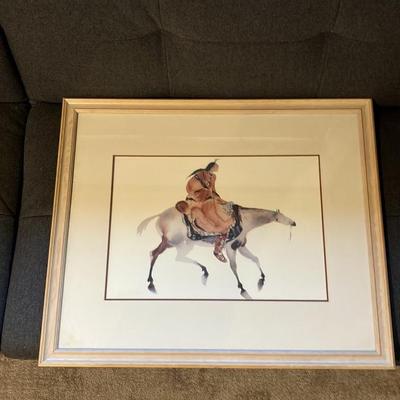 Vintage Carol Grigg Framed Art Print - Native American Woman on Horseback, Southwestern Decor