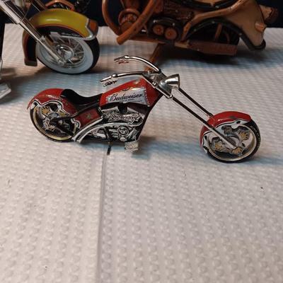 A WOODEN MOTORCYCLE AND 2 DIE-CAST MODELS