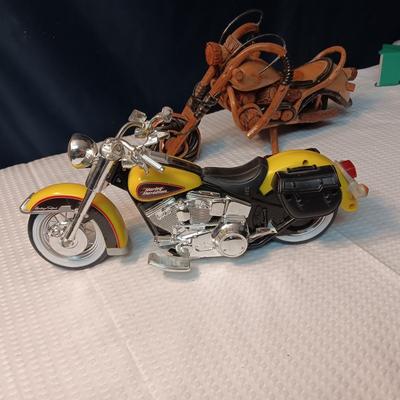 A WOODEN MOTORCYCLE AND 2 DIE-CAST MODELS