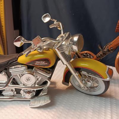 A WOODEN MOTORCYCLE AND 2 DIE-CAST MODELS